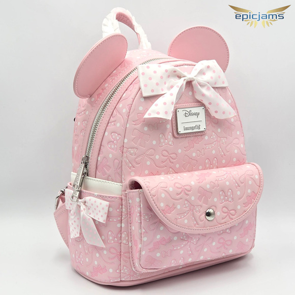 Loungefly Disney Minnie Mouse Debossed Bows Pink Mini Backpack Bag New - Picture 2 of 5